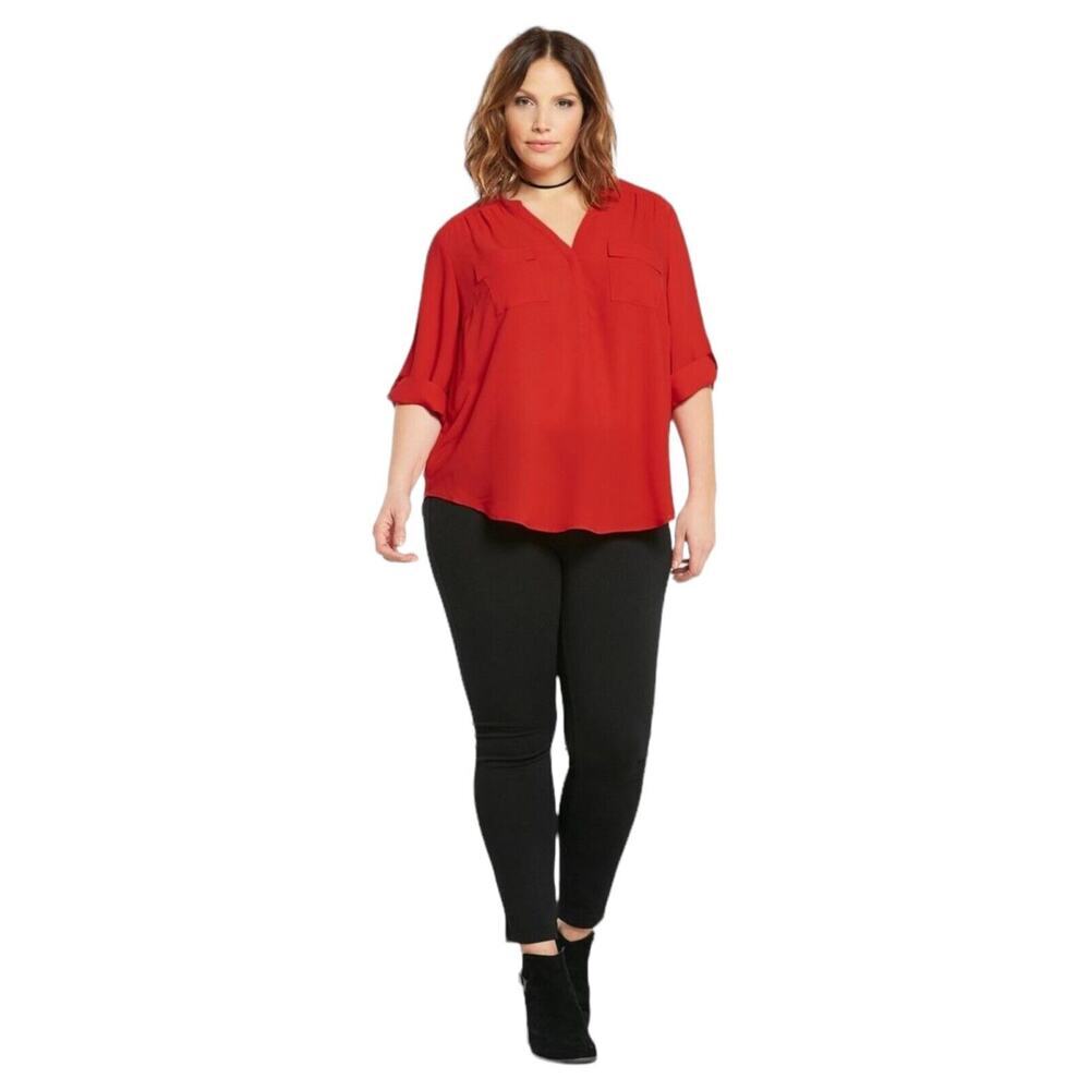 Torrid Top Womens Size 2 Red Georgette 3/4 Roll Tab Sleeve Pockets Popover Tunic
